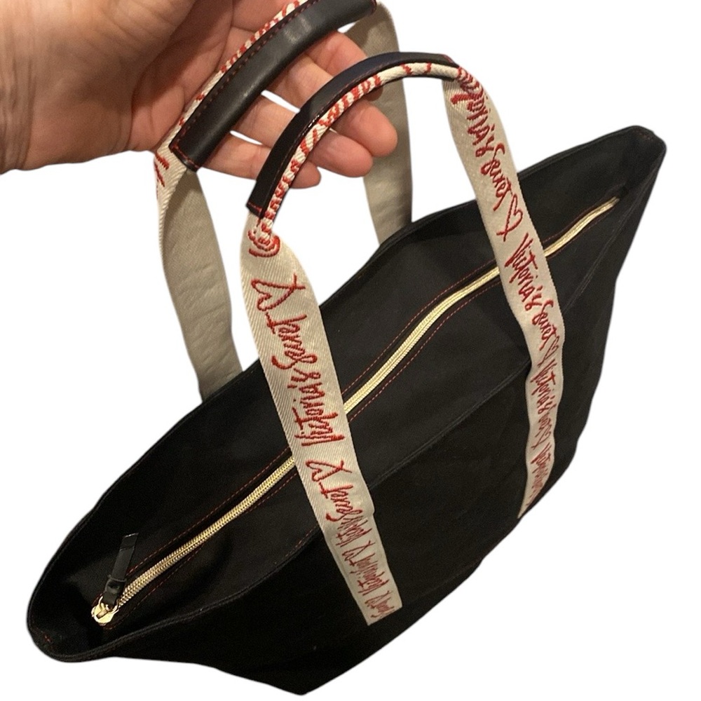 Victoria’s Secret black Canvas Tote Bag with signature red Logo Straps - Picture 3 of 8